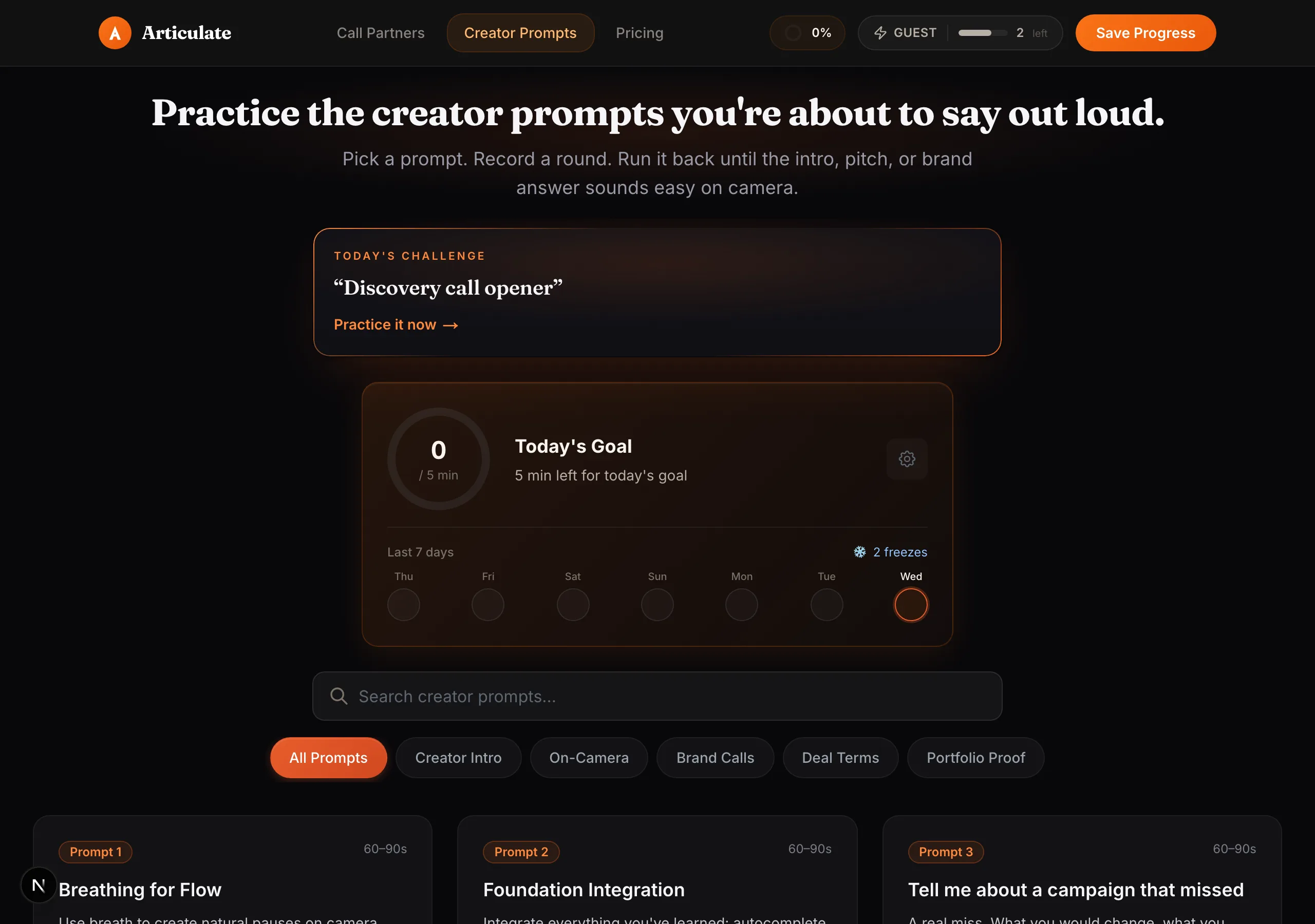 The Articulate prompt library for creators, with categories for Creator Intro, On-Camera, Brand Calls, Deal Terms, and Portfolio Proof