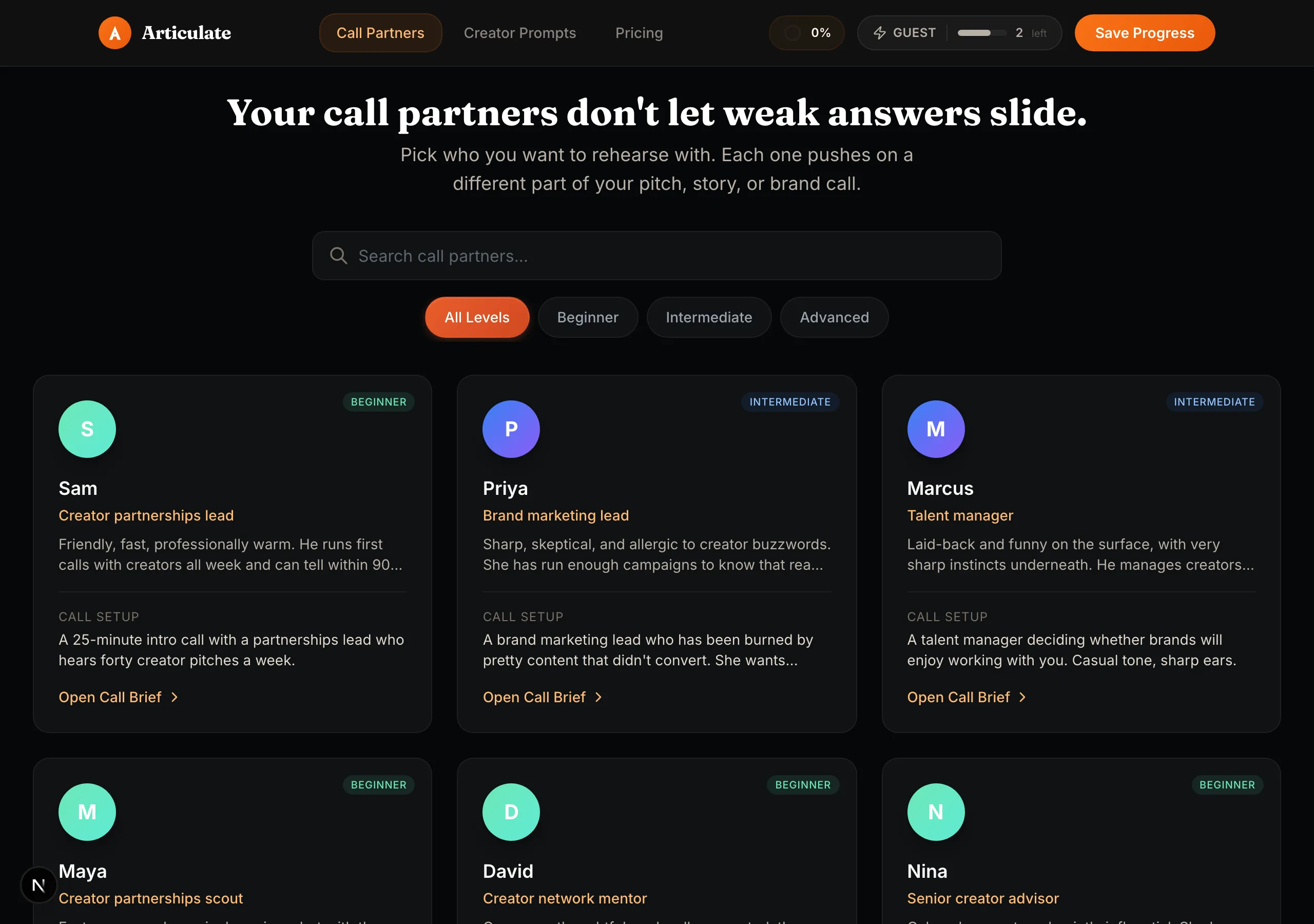 Articulate call partners: Sam the partnerships lead, Priya the brand marketing lead, Marcus the talent manager, and more
