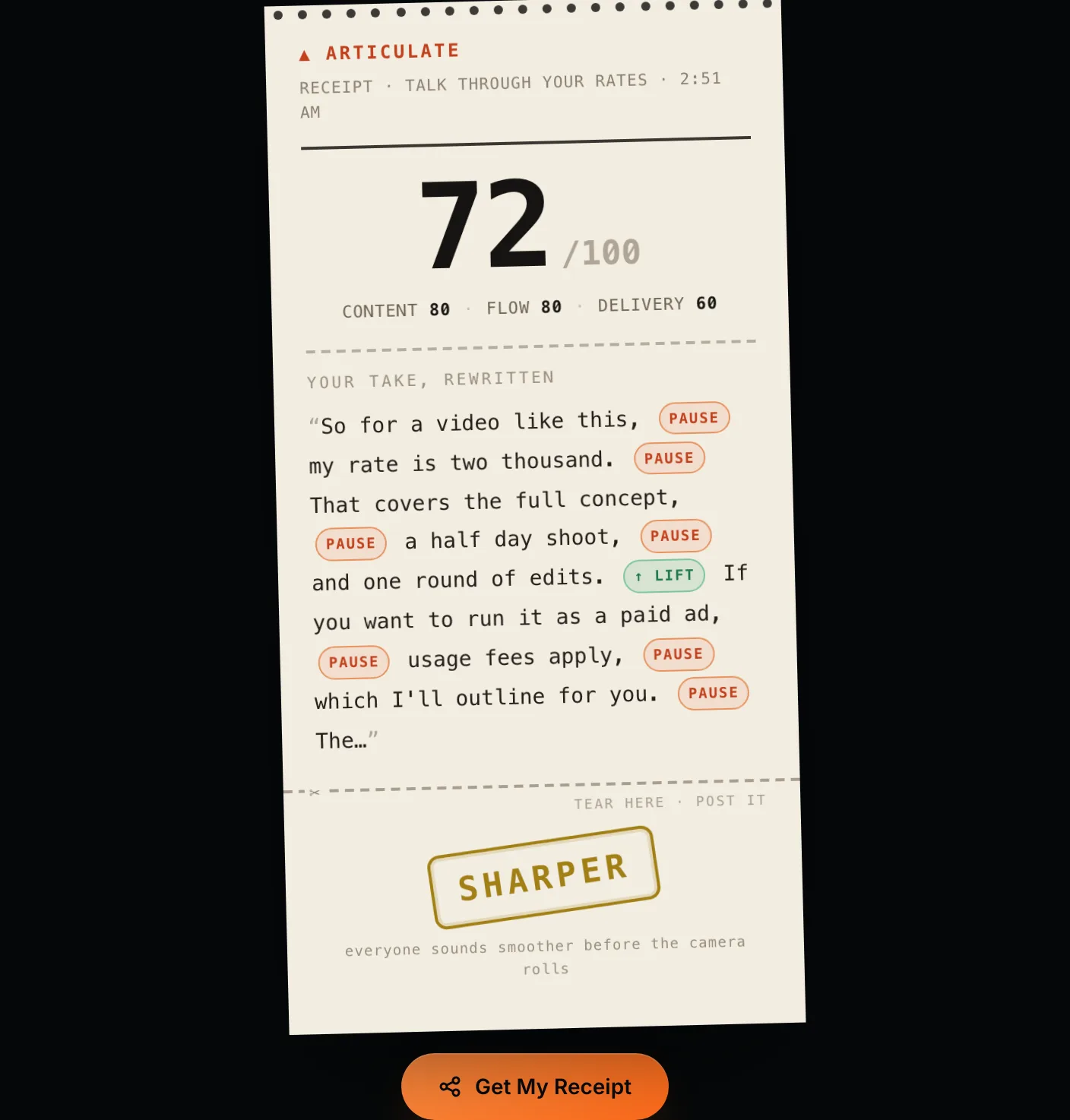 An Articulate receipt: a score out of 100 with content, flow, and delivery, the creator's rate answer rewritten with pause, lift, and drop marks, and a stamped verdict